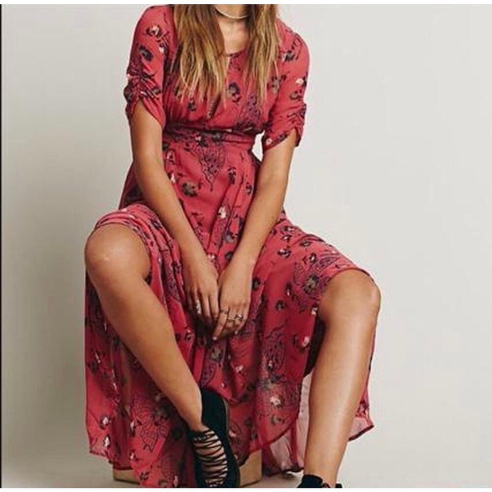 Rare Free People Bonnie Butterfly Pink Flowy Midi Dress 0 Romantic Fairy